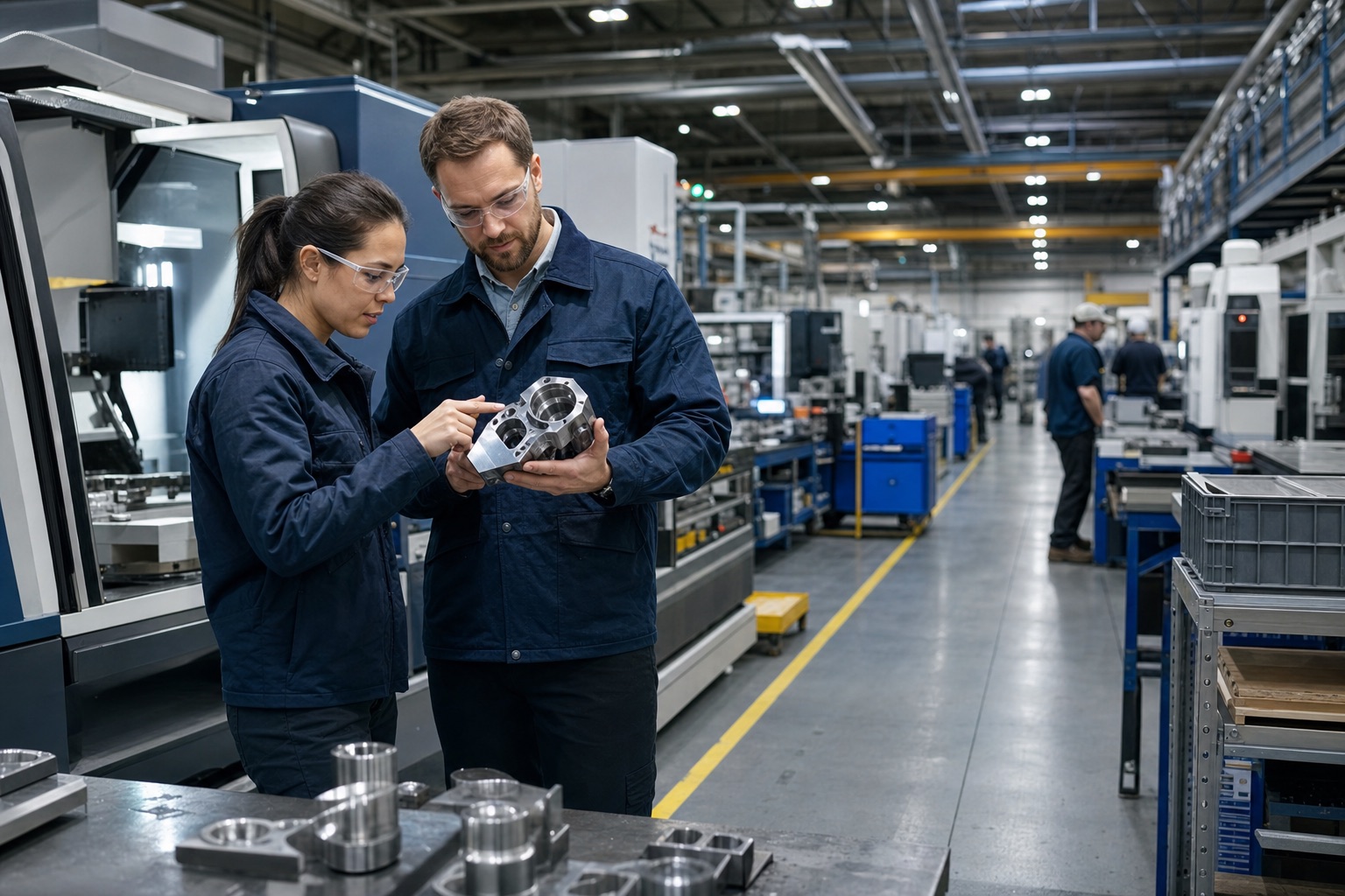 Manufacturing engineers reviewing a machined component
