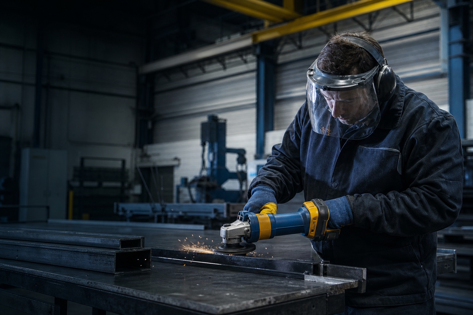 Professional metalworker using an angle grinder in a fabrication workshop