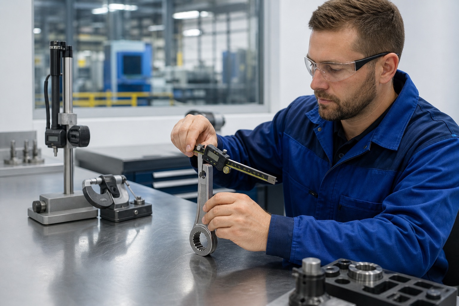 Quality technician measuring a tool component in a metrology lab